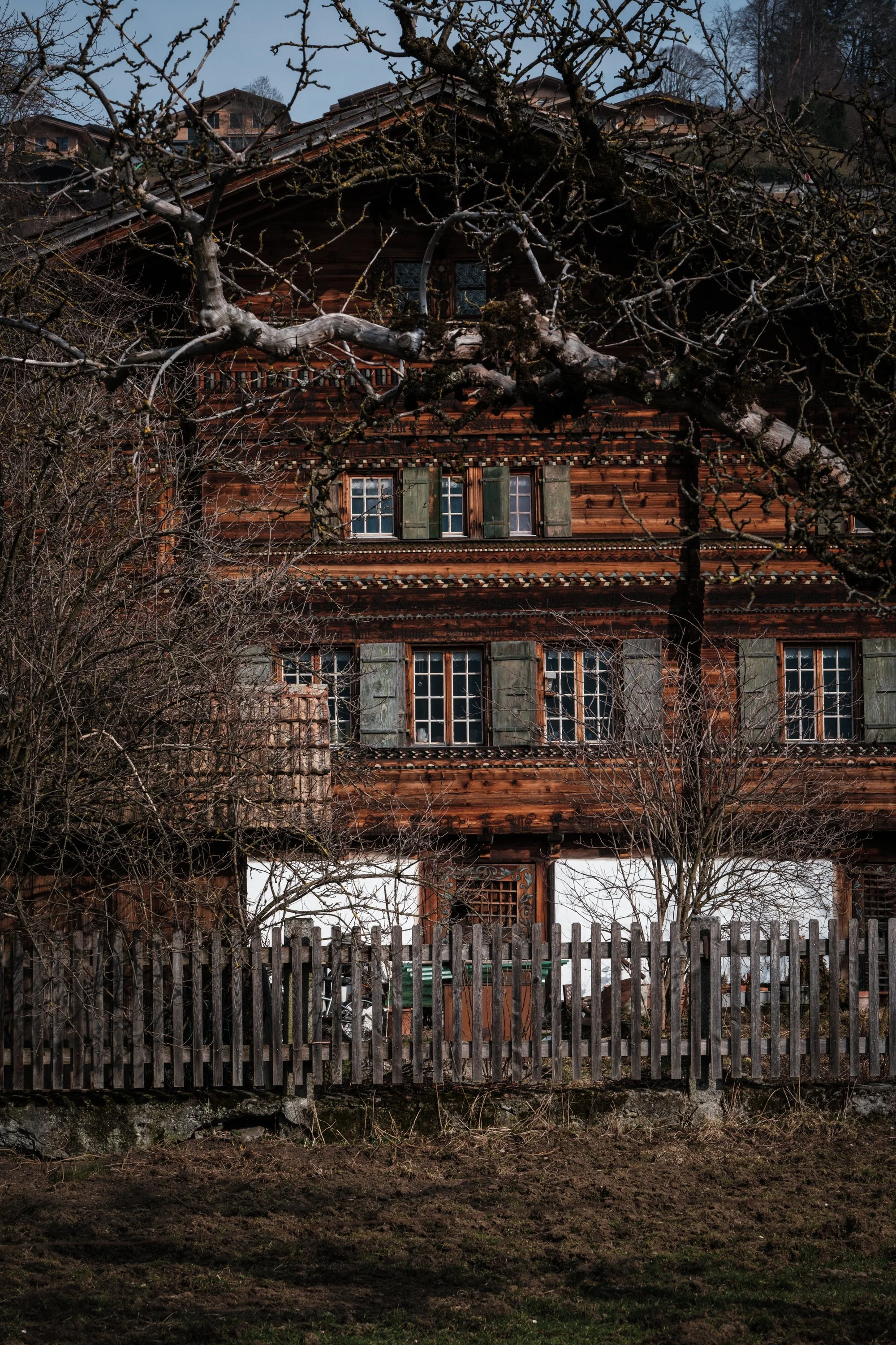 Ein altes, mehrstöckiges Holzhaus mit grünen Fensterläden, umgeben von Bäumen und einer Holzzäune, im Frühling oder Herbst.