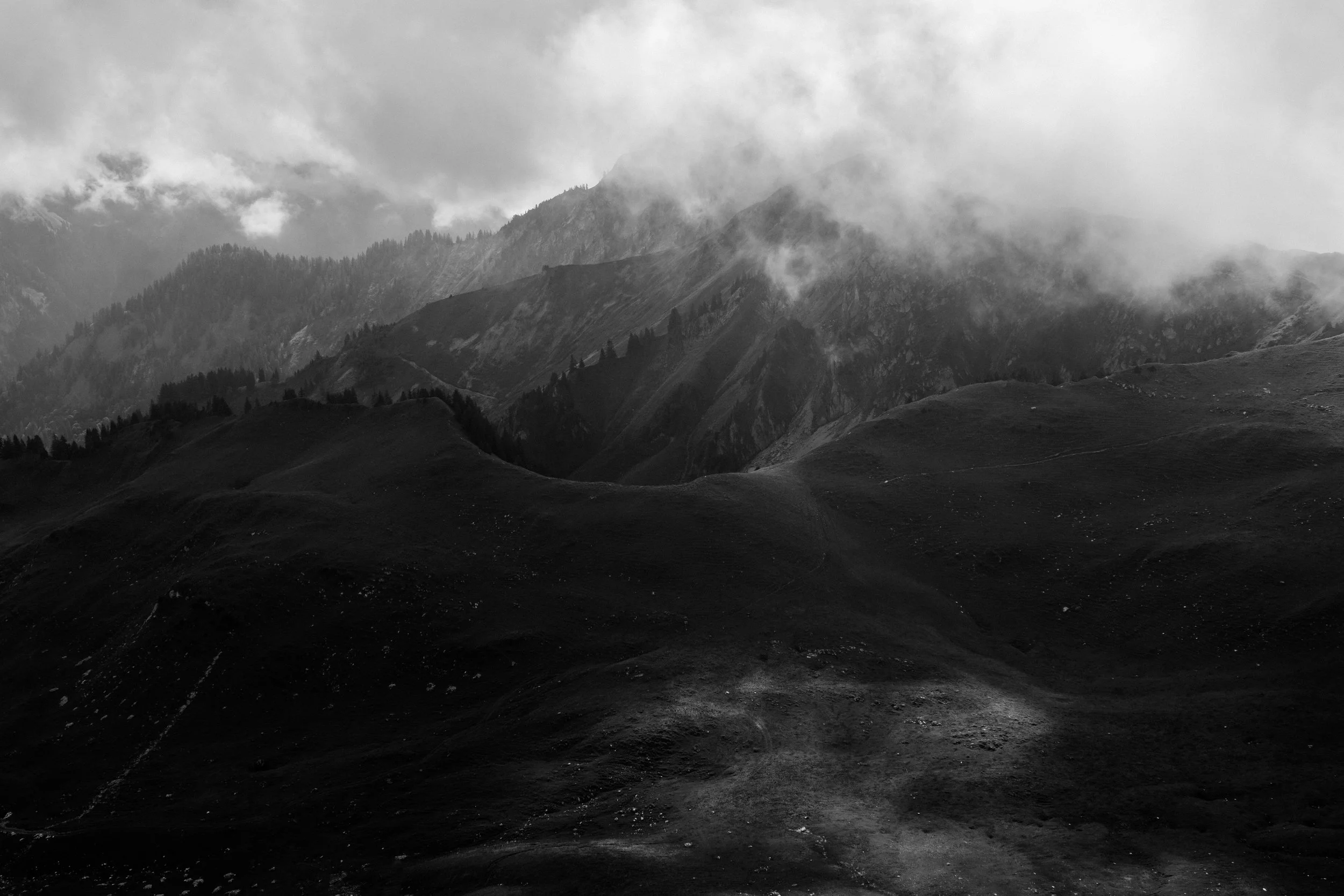 Schwarze und weiße Berglandschaft mit Hügeln, Bäumen und nebligen Wolken über den Gipfeln.